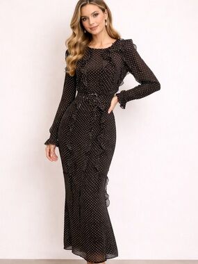 Mable Polka Dot Ruffle Maxi Dress – Small – NWT | Chic Feminine Belted Dress